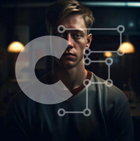 Intra Συλλεκτικό Ξύλινο Παζλ Plywood 4mm - Σοβαρός νεαρός άνδρας με γκρι πουλόβερ που στέκεται στο δωμάτιο με χαμηλό φωτισμό Σε Ξύλινο Κουτί - Διαστάσεις Puzzle: 10x10 cm – 25 κομμάτια - Image 1