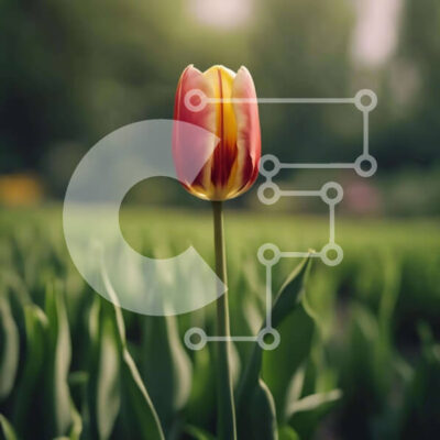 Intra Συλλεκτικό Ξύλινο Παζλ Plywood  4mm - Ζωντανή κόκκινη και κίτρινη τουλίπα σε ένα εκτεταμένο πράσινο πεδίο Σε Ξύλινο Κουτί - Διαστάσεις: 10x10 cm – 25 κομμάτια - Image 1