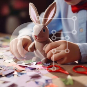 Intra Συλλεκτικό Ξύλινο Παζλ Plywood  4mm - Νεαρό αγόρι που φτιάχνει πασχαλινό παιχνίδι λαγουδάκι με ψαλίδι και χαρτί Σε Ξύλινο Κουτί - Διαστάσεις Puzzle: 10x10 cm – 25 κομμάτια