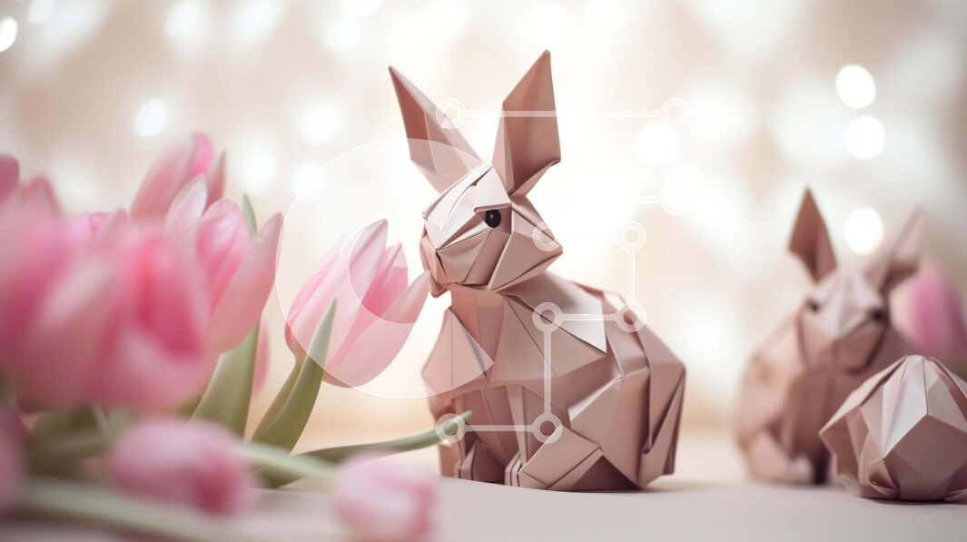 Intra Συλλεκτικό Ξύλινο Παζλ Plywood  4mm - Κουνέλια Origami και Ροζ Τουλίπες Σε Ξύλινο Κουτί - Διαστάσεις Puzzle: 10x10 cm – 25 κομμάτια