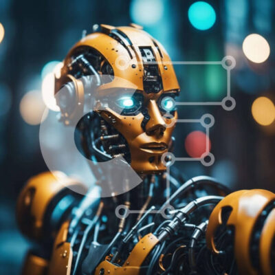 Intra Συλλεκτικό Ξύλινο Παζλ Plywood 4mm - Κίτρινο ρομπότ με μπλε μάτια σε φωτισμένο αστικό τοπίο Σε Ξύλινο Κουτί - Διαστάσεις Puzzle: 10x10 cm – 25 κομμάτια - Image 1