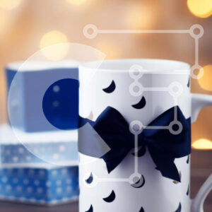 Intra Συλλεκτικό Ξύλινο Παζλ Plywood  4mm - Λευκή κούπα καφέ με μπλε και λευκές ρίγες και κορδέλα δώρου Σε Ξύλινο Κουτί - Διαστάσεις: 10x10 cm – 25 κομμάτια