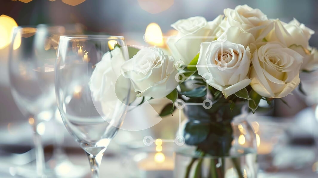 Intra Συλλεκτικό Ξύλινο Παζλ Plywood  4mm - Κομψή τραπεζαρία με λευκά τριαντάφυλλα και ποτήρια κρασιού Σε Ξύλινο Κουτί - Διαστάσεις Puzzle: 10x10 cm – 25 κομμάτια