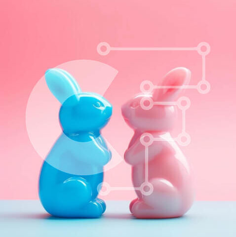 Intra Συλλεκτικό Ξύλινο Παζλ Plywood  4mm - Μπλε και ροζ ειδώλια λαγουδάκι σε ροζ φόντο Σε Ξύλινο Κουτί - Διαστάσεις Puzzle: 10x10 cm – 25 κομμάτια - Image 1