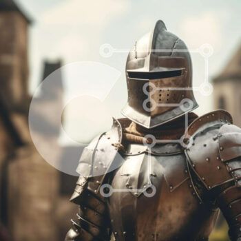 Intra Συλλεκτικό Ξύλινο Παζλ Plywood  4mm - Μεσαιωνικός ιππότης με πανοπλία που στέκεται μπροστά από το παλιό κτίριο ή το κάστρο Σε Ξύλινο Κουτί - Διαστάσεις Puzzle: 10x10 cm – 25 κομμάτια - Image 1