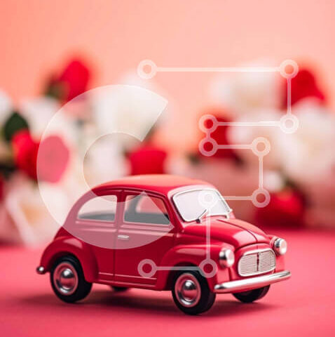 Intra Συλλεκτικό Ξύλινο Παζλ Plywood 4mm - Μικρό κόκκινο παιχνίδι αυτοκίνητο σε ροζ φόντο με τριαντάφυλλα Σε Ξύλινο Κουτί - Διαστάσεις: 10x10 cm – 25 κομμάτια - Image 1