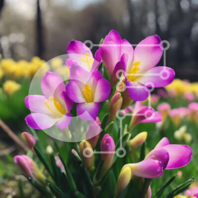 Intra Συλλεκτικό Ξύλινο Παζλ Plywood  4mm - Ανθισμένα μοβ και κίτρινα λουλούδια στο δάσος Σε Ξύλινο Κουτί - Διαστάσεις: 10x10 cm – 25 κομμάτια - Image 1