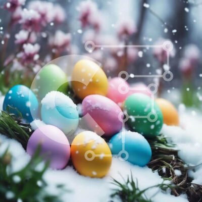 Intra Συλλεκτικό Ξύλινο Παζλ Plywood 4mm - Πολύχρωμα Πασχαλινά αυγά στο χιόνι με λουλούδια και γρασίδι Σε Ξύλινο Κουτί - Διαστάσεις: 10x10 cm – 25 κομμάτια - Image 1