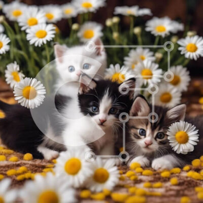 Intra Συλλεκτικό Ξύλινο Παζλ Plywood  4mm - Ασπρόμαυρα γατάκια σε ένα κρεβάτι με μαργαρίτες Σε Ξύλινο Κουτί - Διαστάσεις: 10x10 cm – 25 κομμάτια - Image 1