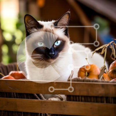 Intra Συλλεκτικό Ξύλινο Παζλ Plywood  4mm - Αξιολάτρευτη σιαμέζα γάτα σε ένα τελάρο γεμάτο κολοκύθες Σε Ξύλινο Κουτί - Διαστάσεις: 10x10 cm – 25 κομμάτια - Image 1