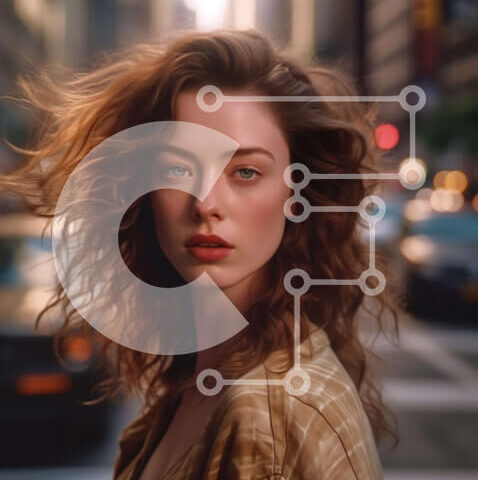 Intra Συλλεκτικό Ξύλινο Παζλ Plywood  4mm - Κομψή γυναίκα με κόκκινα σγουρά μαλλιά στο City Street Σε Ξύλινο Κουτί - Διαστάσεις Puzzle: 10x10 cm – 25 κομμάτια - Image 1