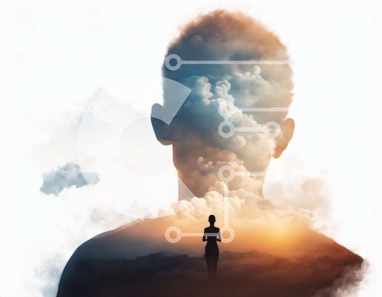 Intra Συλλεκτικό Ξύλινο Παζλ Plywood  4mm - Σιλουέτα ενός ανθρώπου στον ουρανό με τα σύννεφα Σε Ξύλινο Κουτί - Διαστάσεις Puzzle: 10x10 cm – 25 κομμάτια