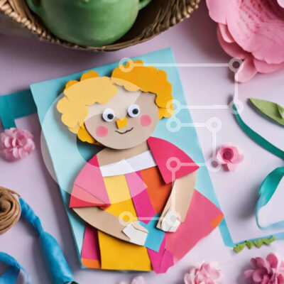 Intra Συλλεκτικό Ξύλινο Παζλ Plywood 4mm - Χειροποίητη χάρτινη κούκλα που περιβάλλεται από πολύχρωμα λουλούδια και είδη χειροτεχνίας Σε Ξύλινο Κουτί - Διαστάσεις Puzzle: 10x10 cm – 25 κομμάτια - Image 1