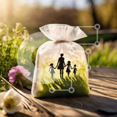 Intra Συλλεκτικό Ξύλινο Παζλ Plywood 4mm - Μητέρα και δύο παιδιά σιλουέτα ενάντια στο πράσινο γρασίδι και τα λουλούδια Σε Ξύλινο Κουτί - Διαστάσεις: 10x10 cm – 25 κομμάτια - Image 1