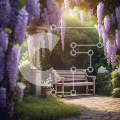 Intra Συλλεκτικό Ξύλινο Παζλ Plywood  4mm - Ήσυχο κήπο με λουλούδια Wisteria και παγκάκια Σε Ξύλινο Κουτί - Διαστάσεις Puzzle: 10x10 cm – 25 κομμάτια - Image 1