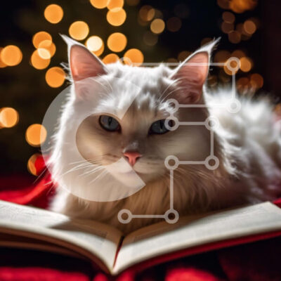 Intra Συλλεκτικό Ξύλινο Παζλ Plywood  4mm - Βιβλίο ανάγνωσης λευκής γάτας με χριστουγεννιάτικα φώτα και διακοσμητικά Σε Ξύλινο Κουτί - Διαστάσεις: 10x10 cm – 25 κομμάτια - Image 1