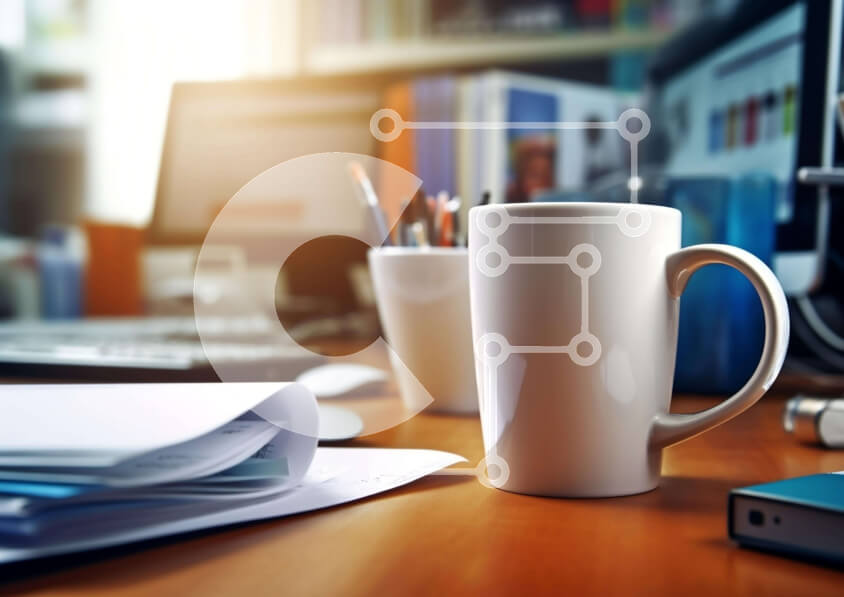 Intra Συλλεκτικό Ξύλινο Παζλ Plywood  4mm - Γραφείο με φλιτζάνια καφέ και φορητό υπολογιστή Σε Ξύλινο Κουτί - Διαστάσεις Puzzle: 10x10 cm – 25 κομμάτια