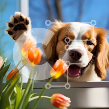 Intra Συλλεκτικό Ξύλινο Παζλ Plywood  4mm - Αξιολάτρευτη εικόνα ενός σκύλου που απολαμβάνει τη θέα των τουλίπες Σε Ξύλινο Κουτί - Διαστάσεις: 10x10 cm – 25 κομμάτια - Image 1