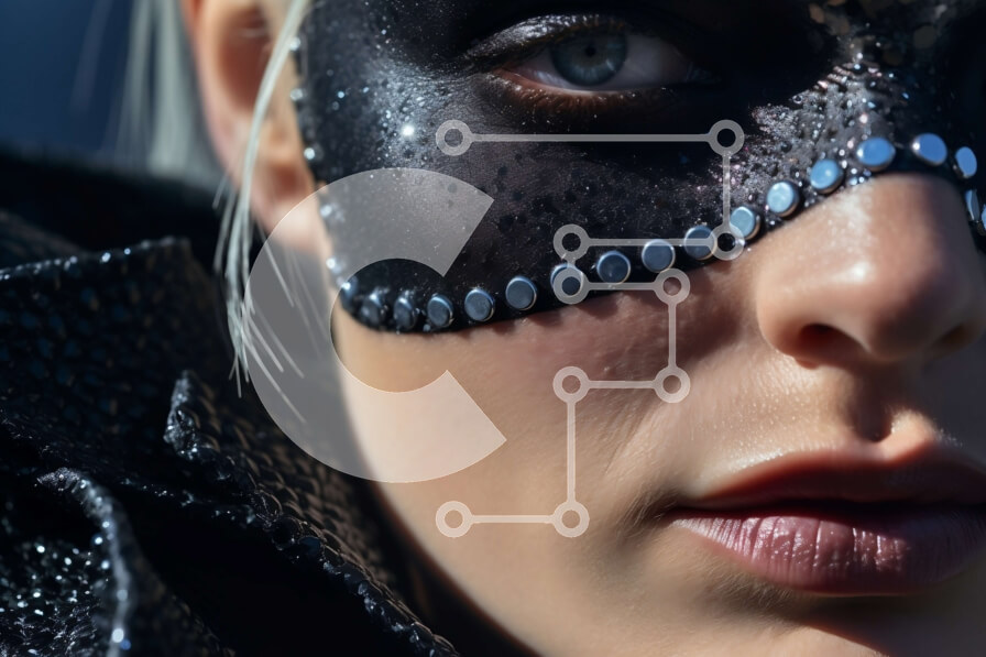 Intra Συλλεκτικό Ξύλινο Παζλ Plywood  4mm - Μυστηριώδης γυναίκα με μαύρη και ασημένια μάσκα και μπλε μάτια Σε Ξύλινο Κουτί - Διαστάσεις Puzzle: 10x10 cm – 25 κομμάτια