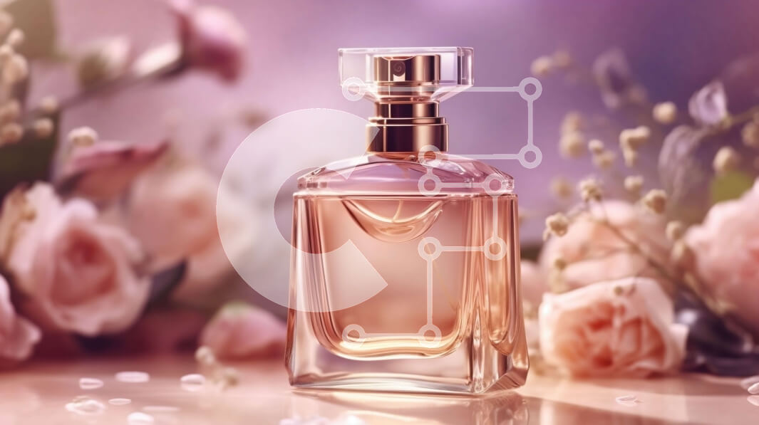 Intra Συλλεκτικό Ξύλινο Παζλ Plywood  4mm - Κομψό ροζ μπουκάλι αρώματος με λουλούδια και ξύλινο τραπέζι Σε Ξύλινο Κουτί - Διαστάσεις Puzzle: 10x10 cm – 25 κομμάτια