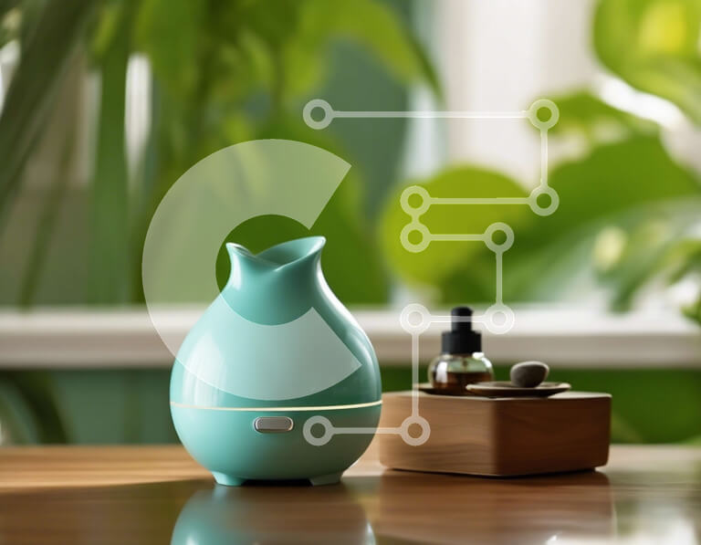 Intra Συλλεκτικό Ξύλινο Παζλ Plywood  4mm - Διαχύτης αιθέριων ελαίων Teal σε ξύλινο τραπέζι Σε Ξύλινο Κουτί - Διαστάσεις Puzzle: 10x10 cm – 25 κομμάτια