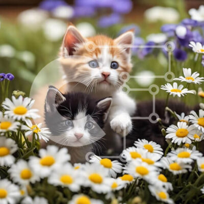 Intra Συλλεκτικό Ξύλινο Παζλ Plywood  4mm - Δύο γατάκια που παίζουν σε ένα χωράφι με μαργαρίτες και λουλούδια Σε Ξύλινο Κουτί - Διαστάσεις: 10x10 cm – 25 κομμάτια - Image 1