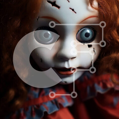 Intra Συλλεκτικό Ξύλινο Παζλ Plywood  4mm - Ανατριχιαστική κούκλα με κόκκινα μαλλιά και μπλε μάτια Σε Ξύλινο Κουτί - Διαστάσεις Puzzle: 10x10 cm – 25 κομμάτια - Image 1