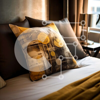 Intra Συλλεκτικό Ξύλινο Παζλ Plywood  4mm - Κομψό δωμάτιο ξενοδοχείου με κίτρινο μαξιλάρι και ασπρόμαυρα σχεδιαστικά στοιχεία Σε Ξύλινο Κουτί - Διαστάσεις Puzzle: 10x10 cm – 25 κομμάτια - Image 1