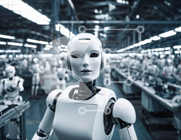 Intra Συλλεκτικό Ξύλινο Παζλ Plywood  4mm - Λευκό ρομπότ που στέκεται στη γραμμή συναρμολόγησης με τα γύρω ρομπότ Σε Ξύλινο Κουτί - Διαστάσεις Puzzle: 10x10 cm – 25 κομμάτια