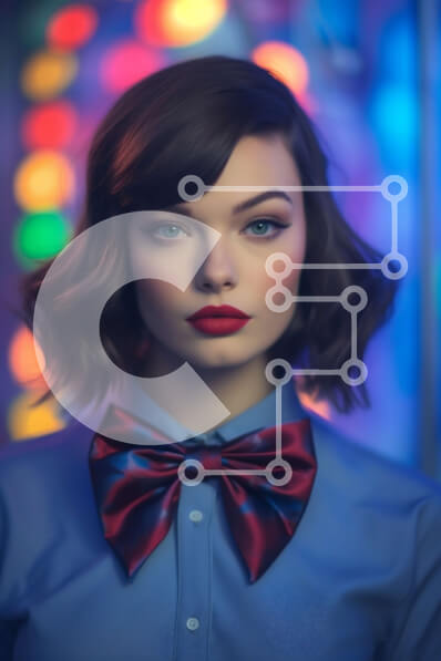 Intra Συλλεκτικό Ξύλινο Παζλ Plywood  4mm - Έντονα φωτισμένη γυναίκα με μπλε πουκάμισο και κόκκινο παπιγιόν μπροστά από πολύχρωμα φώτα φόντο Σε Ξύλινο Κουτί - Διαστάσεις Puzzle: 10x10 cm – 25 κομμάτια