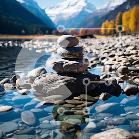 Intra Συλλεκτικό Ξύλινο Παζλ Plywood 4mm - Όμορφη σκηνή της φύσης με στοίβα βράχων στο νερό και μεγαλοπρεπή βουνά Σε Ξύλινο Κουτί - Διαστάσεις: 10x10 cm – 25 κομμάτια - Image 1