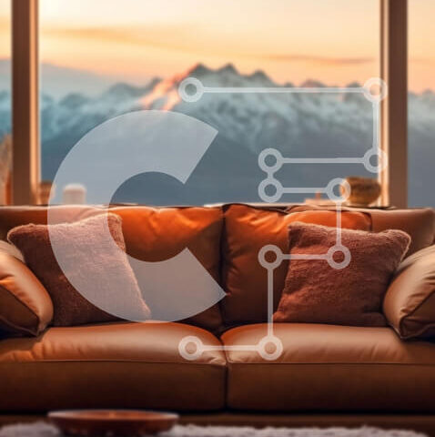 Intra Συλλεκτικό Ξύλινο Παζλ Plywood  4mm - Όμορφη θέα στο ηλιοβασίλεμα από καφέ δερμάτινο καναπέ από μεγάλο παράθυρο Σε Ξύλινο Κουτί - Διαστάσεις Puzzle: 10x10 cm – 25 κομμάτια - Image 1