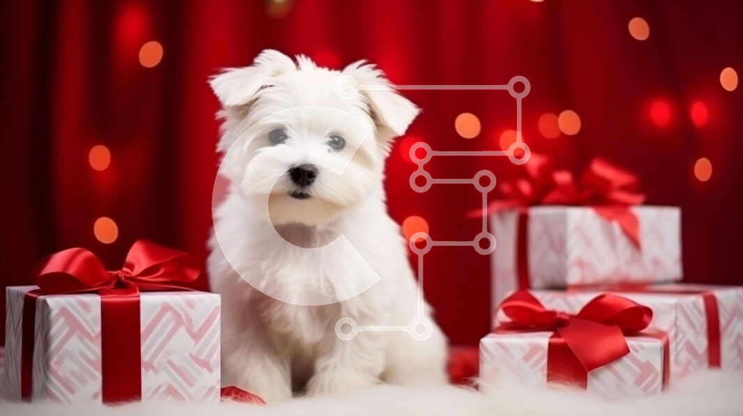 Intra Συλλεκτικό Ξύλινο Παζλ Plywood  4mm - Μικρό λευκό σκυλάκι με κόκκινα κουτιά δώρων και εορταστικά στολίδια Σε Ξύλινο Κουτί - Διαστάσεις: 10x10 cm – 25 κομμάτια