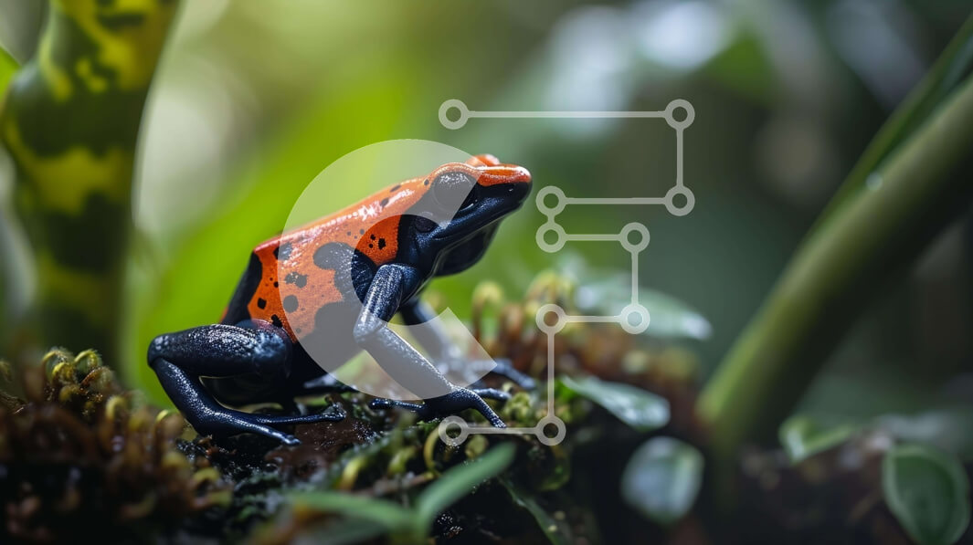 Intra Συλλεκτικό Ξύλινο Παζλ Plywood  4mm - Κόκκινος και μαύρος δηλητηριώδης βάτραχος σε πράσινα φυτά Σε Ξύλινο Κουτί - Διαστάσεις: 10x10 cm – 25 κομμάτια