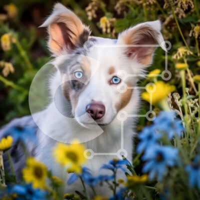 Intra Συλλεκτικό Ξύλινο Παζλ Plywood  4mm - Αξιολάτρευτο σκυλί που κάθεται σε ένα χωράφι με όμορφα κίτρινα και μπλε λουλούδια Σε Ξύλινο Κουτί - Διαστάσεις: 10x10 cm – 25 κομμάτια - Image 1