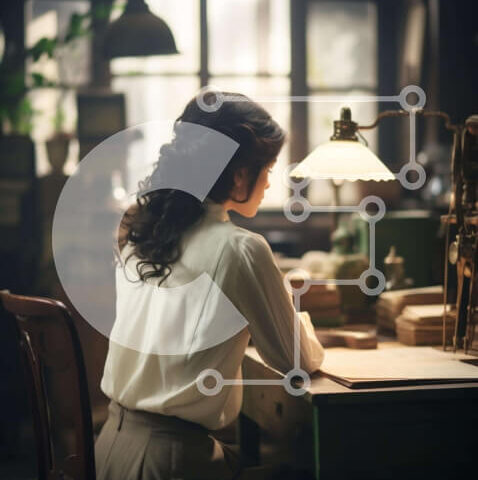 Intra Συλλεκτικό Ξύλινο Παζλ Plywood 4mm - Γυναίκα που εργάζεται στο γραφείο με φορητό υπολογιστή και λάμπα Σε Ξύλινο Κουτί - Διαστάσεις Puzzle: 10x10 cm – 25 κομμάτια - Image 1