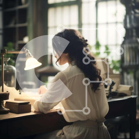 Intra Συλλεκτικό Ξύλινο Παζλ Plywood 4mm - Γυναίκα που γράφει στο γραφείο με λάμπα και βιβλία Σε Ξύλινο Κουτί - Διαστάσεις Puzzle: 10x10 cm – 25 κομμάτια - Image 1