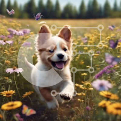 Intra Συλλεκτικό Ξύλινο Παζλ Plywood  4mm - Ευτυχισμένος μικρόσωμος σκύλος που τρέχει στο χωράφι με πεταλούδες και λουλούδια Σε Ξύλινο Κουτί - Διαστάσεις: 10x10 cm – 25 κομμάτια - Image 1