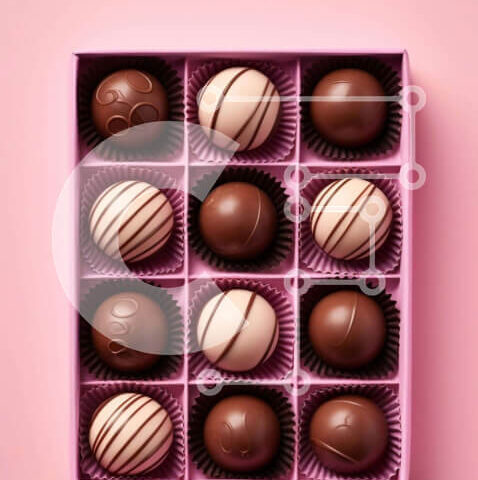 Intra Συλλεκτικό Ξύλινο Παζλ Plywood 4mm - Ροζ κουτί με διάφορες καραμέλες σοκολάτας σε ροζ φόντο Σε Ξύλινο Κουτί - Διαστάσεις Puzzle: 10x10 cm – 25 κομμάτια - Image 1