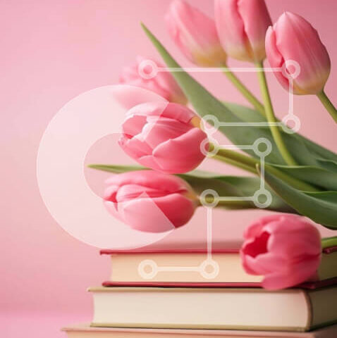 Intra Συλλεκτικό Ξύλινο Παζλ Plywood  4mm - Στοίβα από βιβλία με ροζ τουλίπες και βάζο με λουλούδια Σε Ξύλινο Κουτί - Διαστάσεις Puzzle: 10x10 cm – 25 κομμάτια - Image 1