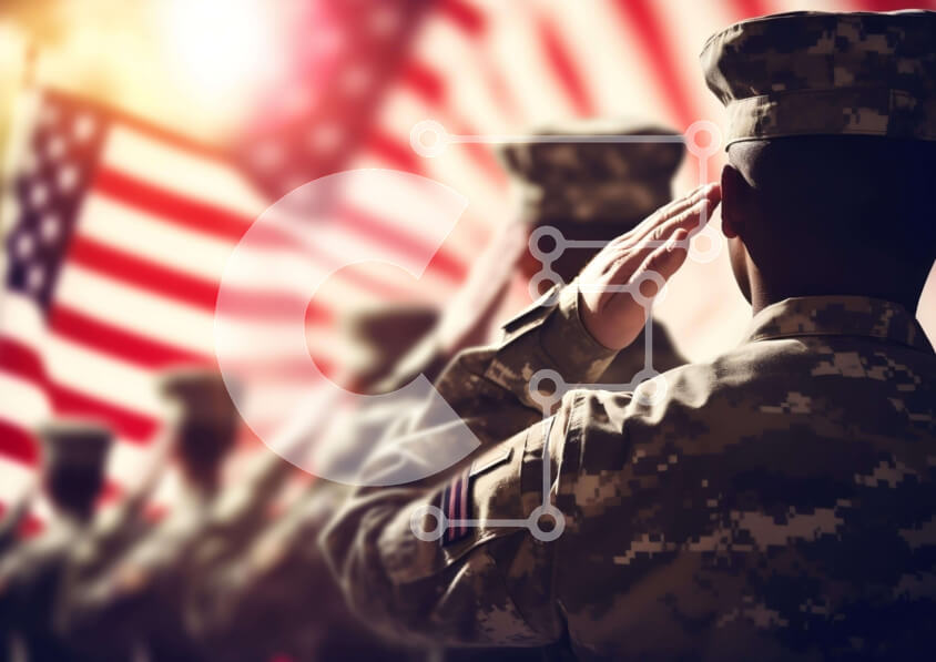 Intra Συλλεκτικό Ξύλινο Παζλ Plywood  4mm - Ομάδα στρατιωτικού προσωπικού που χαιρετίζει μπροστά από την αμερικανική σημαία Σε Ξύλινο Κουτί - Διαστάσεις Puzzle: 10x10 cm – 25 κομμάτια