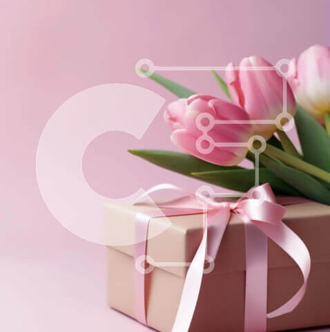 Intra Συλλεκτικό Ξύλινο Παζλ Plywood 4mm - Ρομαντικό ροζ κουτί δώρου με τουλίπες σε ροζ φόντο Σε Ξύλινο Κουτί - Διαστάσεις: 10x10 cm – 25 κομμάτια - Image 1