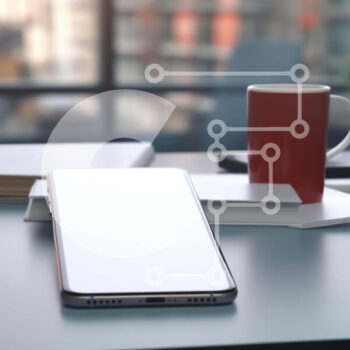 Intra Συλλεκτικό Ξύλινο Παζλ Plywood  4mm - Λευκό Smartphone και κόκκινο φλιτζάνι καφέ στο γραφείο Σε Ξύλινο Κουτί - Διαστάσεις Puzzle: 10x10 cm – 25 κομμάτια - Image 1