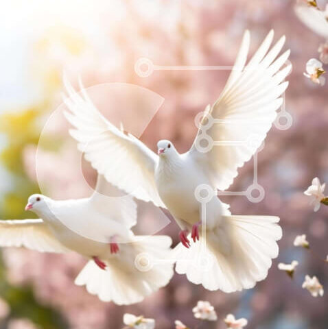 Intra Συλλεκτικό Ξύλινο Παζλ Plywood  4mm - Δύο λευκά περιστέρια που πετούν κοντά στο ροζ ανθισμένο δέντρο Σε Ξύλινο Κουτί - Διαστάσεις: 10x10 cm – 25 κομμάτια - Image 1