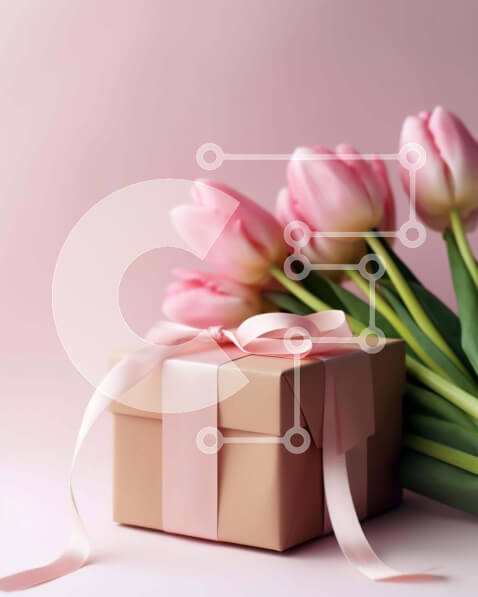 Intra Συλλεκτικό Ξύλινο Παζλ Plywood  4mm - Καφέ κουτί δώρου με φόντο ροζ τουλίπες Σε Ξύλινο Κουτί - Διαστάσεις: 10x10 cm – 25 κομμάτια