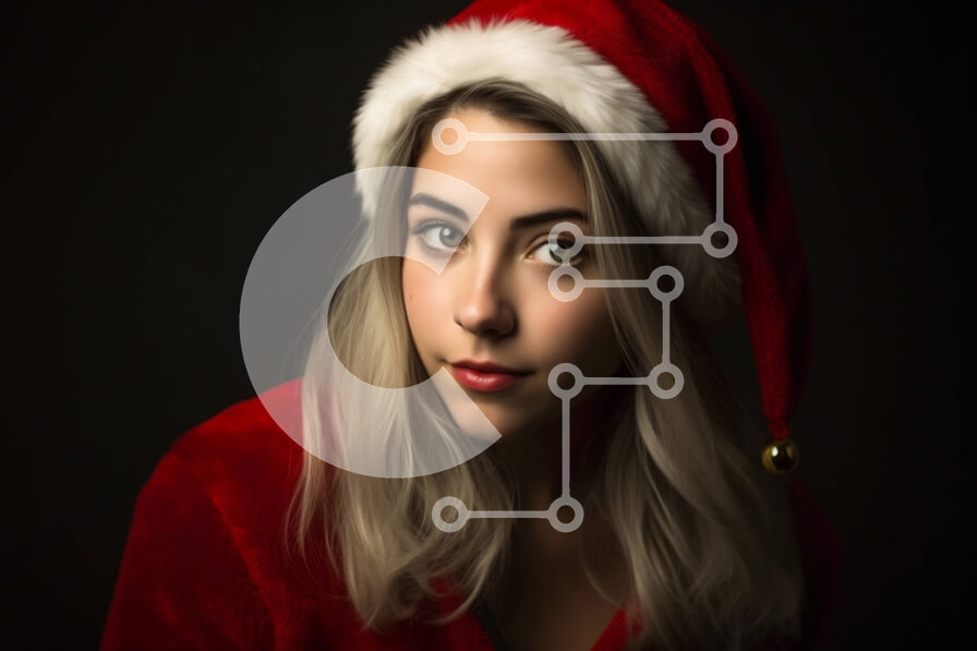 Intra Συλλεκτικό Ξύλινο Παζλ Plywood  4mm - Σοβαρή νεαρή γυναίκα με καπέλο Άγιου Βασίλη και κόκκινο παλτό Σε Ξύλινο Κουτί - Διαστάσεις Puzzle: 10x10 cm – 25 κομμάτια