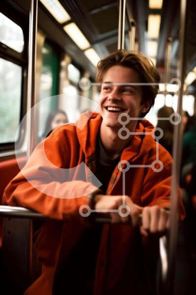 Intra Συλλεκτικό Ξύλινο Παζλ Plywood  4mm - Ευτυχισμένος άνδρας με πορτοκαλί μπουφάν στο τρένο του μετρό Σε Ξύλινο Κουτί - Διαστάσεις Puzzle: 10x10 cm – 25 κομμάτια