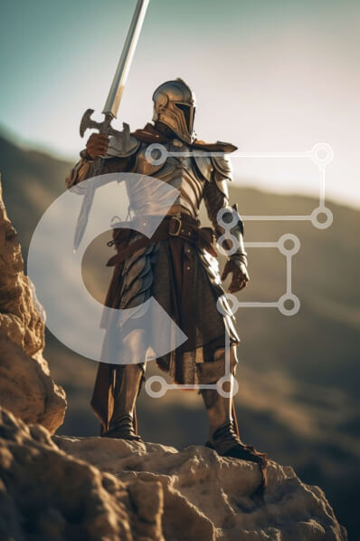 Intra Συλλεκτικό Ξύλινο Παζλ Plywood  4mm - Ιππότης με πανοπλία με σπαθί στον βράχο βράχου με θέα στην έρημο στο ηλιοβασίλεμα Σε Ξύλινο Κουτί - Διαστάσεις Puzzle: 10x10 cm – 25 κομμάτια