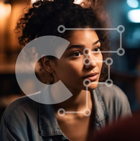 Intra Συλλεκτικό Ξύλινο Παζλ Plywood  4mm - Στοχαστική νεαρή γυναίκα με τζιν πουκάμισο σε ένα αμυδρά φωτισμένο εστιατόριο Σε Ξύλινο Κουτί - Διαστάσεις Puzzle: 10x10 cm – 25 κομμάτια - Image 1