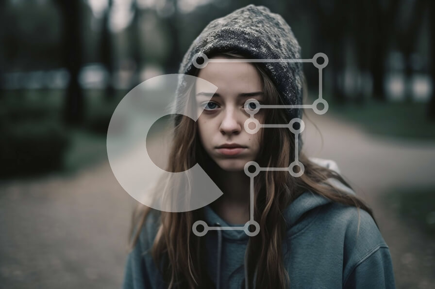 Intra Συλλεκτικό Ξύλινο Παζλ Plywood  4mm - Λυπημένη νεαρή γυναίκα με κουκούλα και κουκούλα που στέκεται στο πάρκο Σε Ξύλινο Κουτί - Διαστάσεις Puzzle: 10x10 cm – 25 κομμάτια